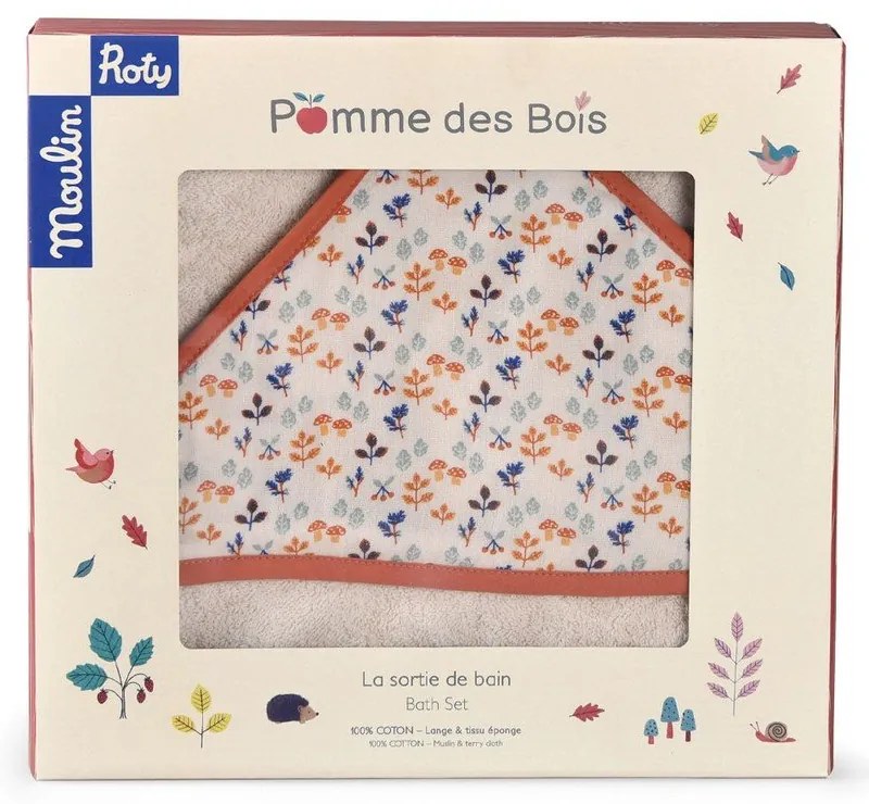 Prosop pentru copii din bumbac crem cu glugă 80x80 cm Pomme des Bois - Moulin Roty