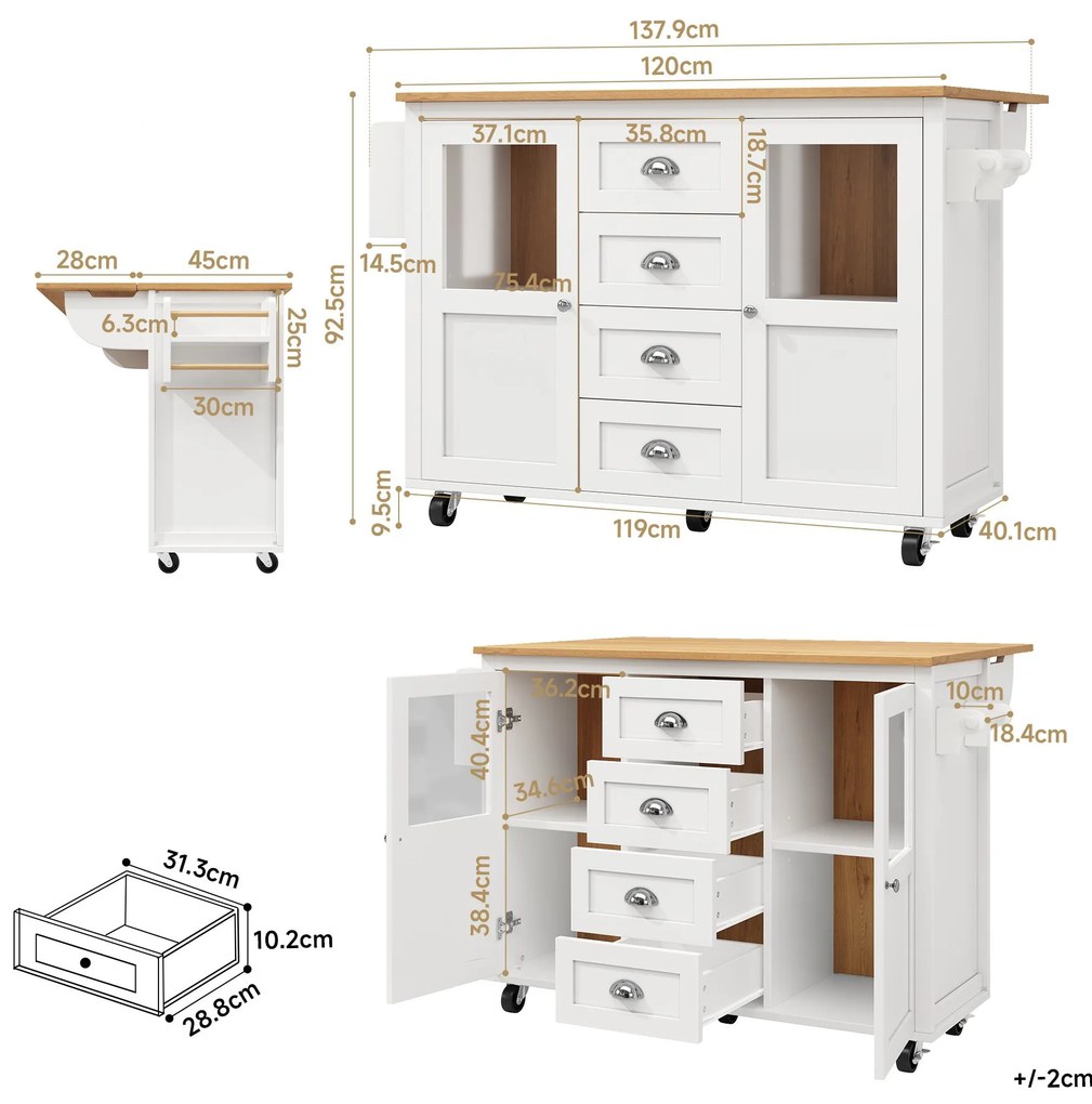Insulă de bucătărie cu blat reglabil, Alb | Aosom Romania
