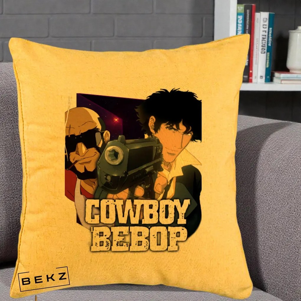 Perna Personalizata Cowboy Bebop Spike si Jet Poster, 40x40 cm, Galben, Husa Detasabila, Perna Inclusa, BEKZ®