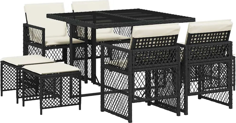 vidaXL Set mobilier de grădină cu perne, 9 piese, negru, poliratan