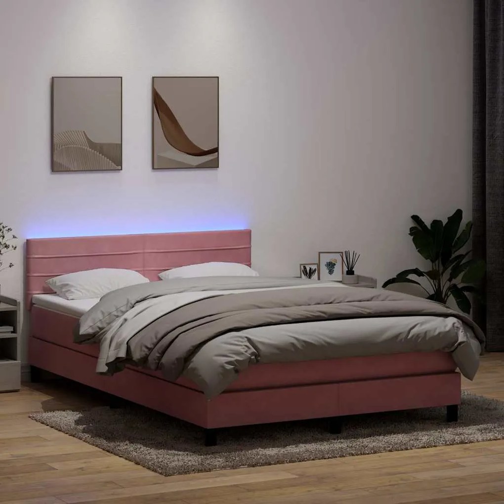 vidaXL Pat cu arcuri cu saltea și LED, roz, 140x220 cm, catifea