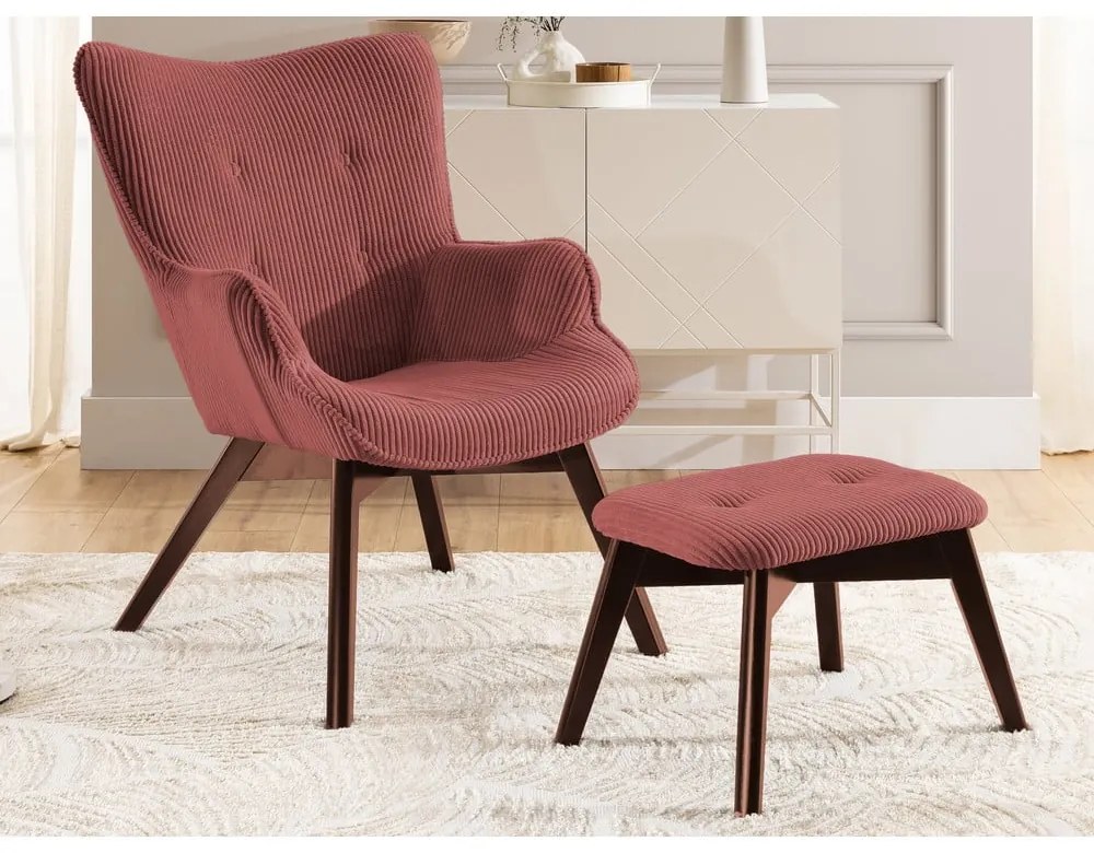 Fotoliu cu taburet roșu cu tapițerie din catifea reiată Niko – Ropez