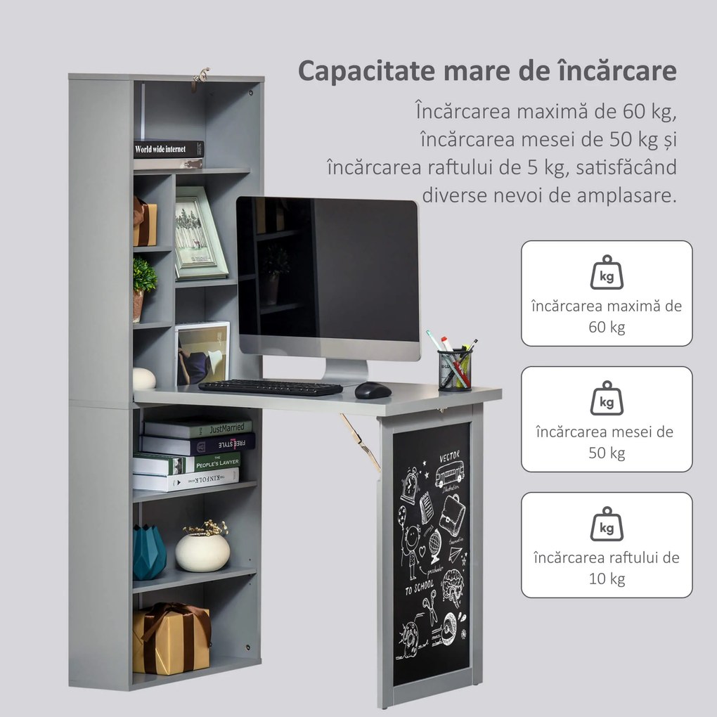 HOMCOM Birou Pliabil cu Bibliotecă, Tablă și Masă de Dining Rabatabilă, 98x51x153 cm, Gri închis | Aosom Romania