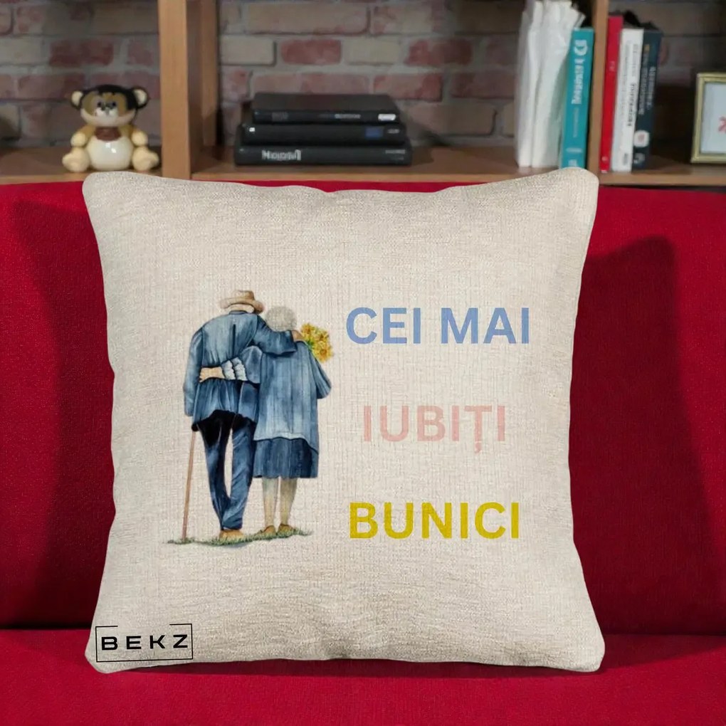 Cadou pentru Bunici - Perna Personalizata Cei Mai Iubiti Bunici Acuarela Spate, 40x40 cm, Bej Canapea, Husa Detasabila, Perna Inclusa, BEKZ®