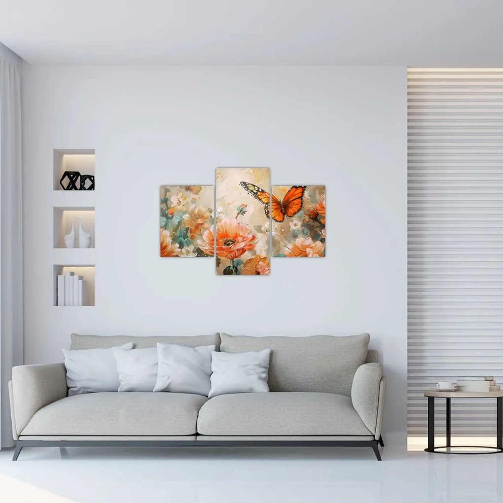 Tablou - Fluture și flori, pictură în ulei (90x60 cm)