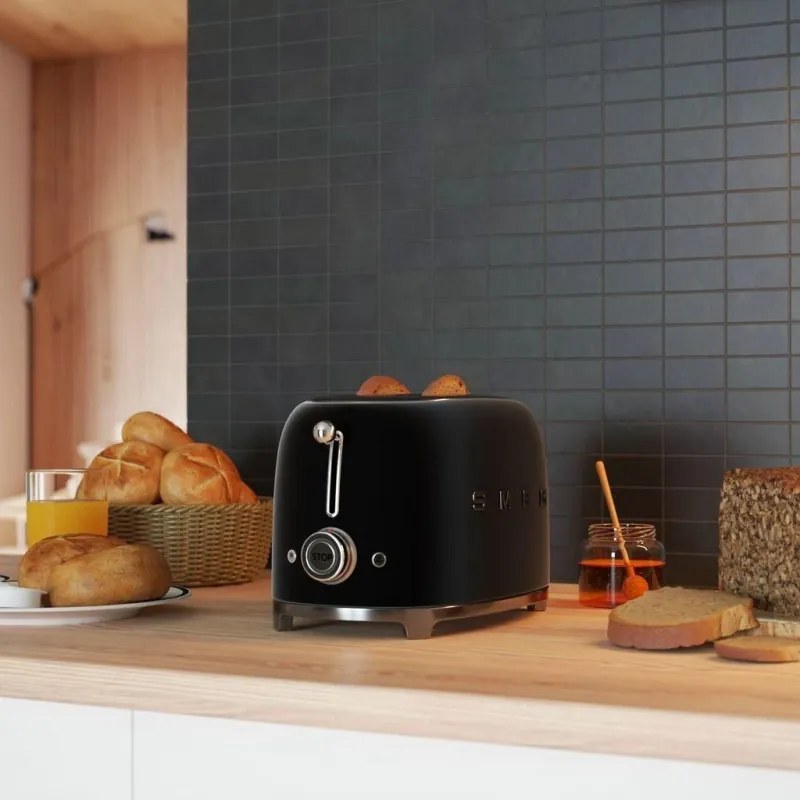 Prаjitor de pаine SMEG 50's Style TSF01BLMEU, 950 W, 2 felii, 6 trepte, Tava pentru firimituri, Cablu integrat, Otel inoxidabil, Negru mat