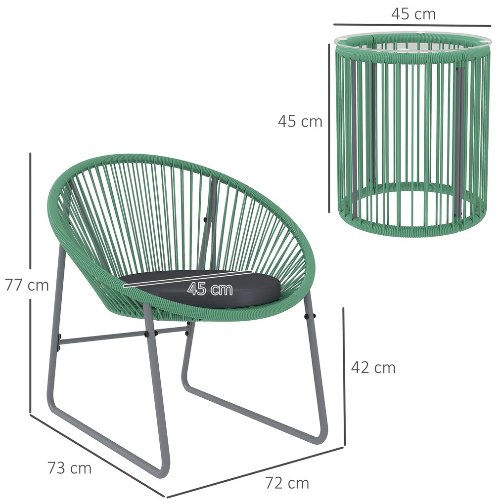 Outsunny Set de mobilier de exterior cu 3 piese, 1 masă, 2 scaune, placă de masă din sticlă, poliratan plastic înfășurat în cadre de oțel, perne moi, Verde | Aosom Romania