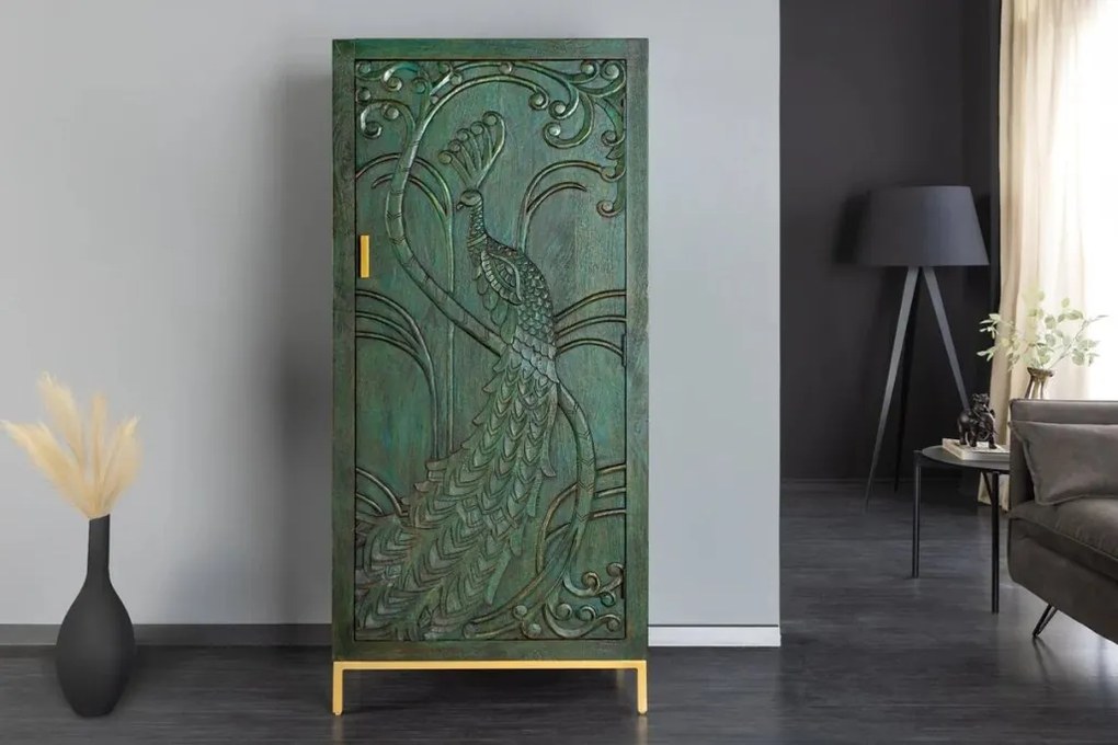 Dulap PEACOCK 175cm lemn de mango verde sculptat 3D cu design paun