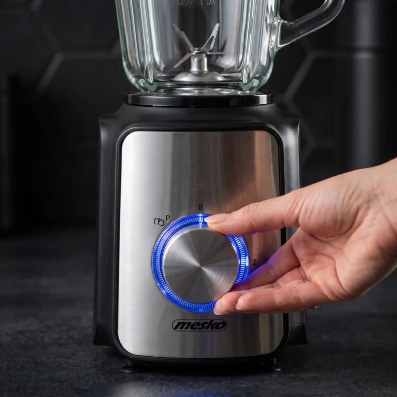 Blender Mesko MS 4080, 1200 W, 1,5 l, 21 000 rpm, 6 lame, 2 viteze + funcție puls, capac cu orificiu, inox/negru