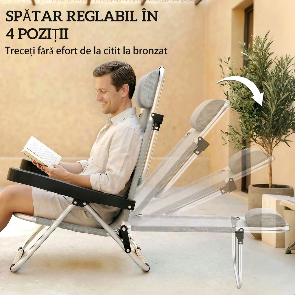 Set Outsunny 2 Șezlonguri Pliabile și Reclinabile pe 4 Poziții cu Suport pentru Cap, din Aluminiu, 62x61x80 cm, Gri | Aosom Romania