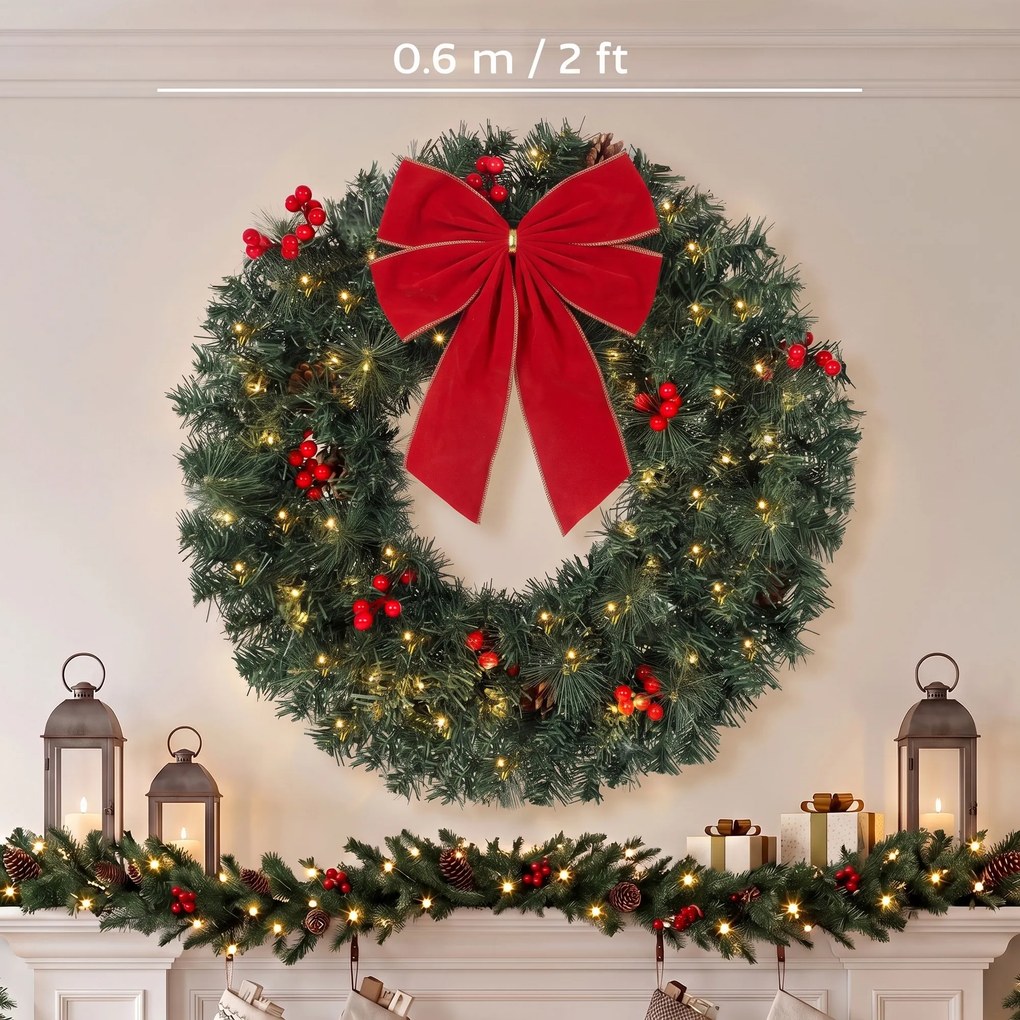 HOMCOM Coroniță de Crăciun de 60 cm cu Lumini LED, Conuri de Brad și Bobițe, Verde | Aosom Romania