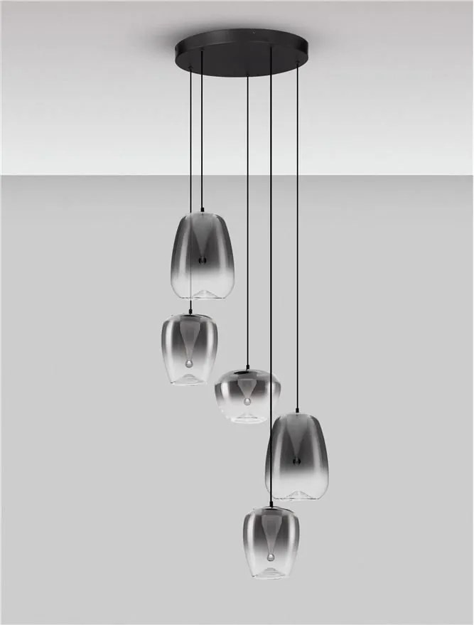 Lustra moderna cu 5 pendule LED, Metal, Sticla, Gri Fumuriu, OBLO