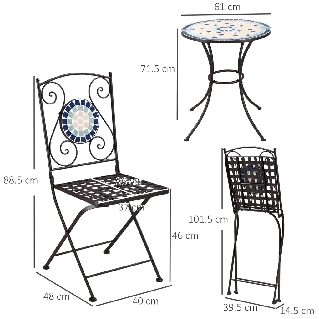 Mobilier de Gradina Outsunny Set 3 Piese cu 2 Scaune Pliante si 1 Masuta, din Metal si Ceramica, Multicolor | Aosom Romania