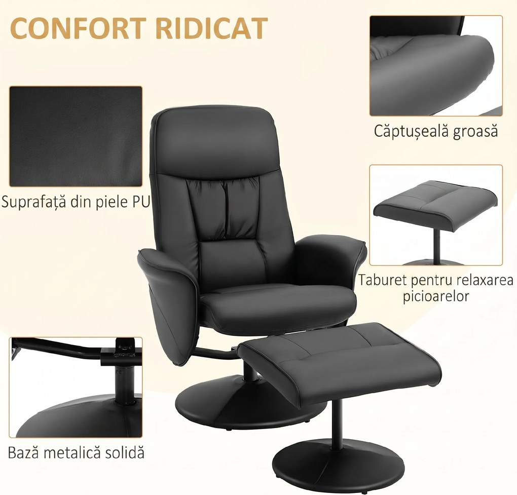 HOMCOM Fotoliu Relax Rotativ 360° din Metal și Piele Sintetică, cu Suport pentru Picioare, Spătar Reglabil, Negru | Aosom Romania