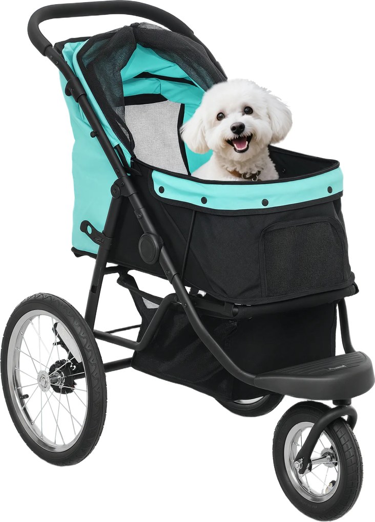 PawHut Cărucior pentru câini, cărucior pentru animale de companie pentru câini și pisici mici, cu coș de depozitare, design pliabil cu un clic, Turcoaz | Aosom Romania