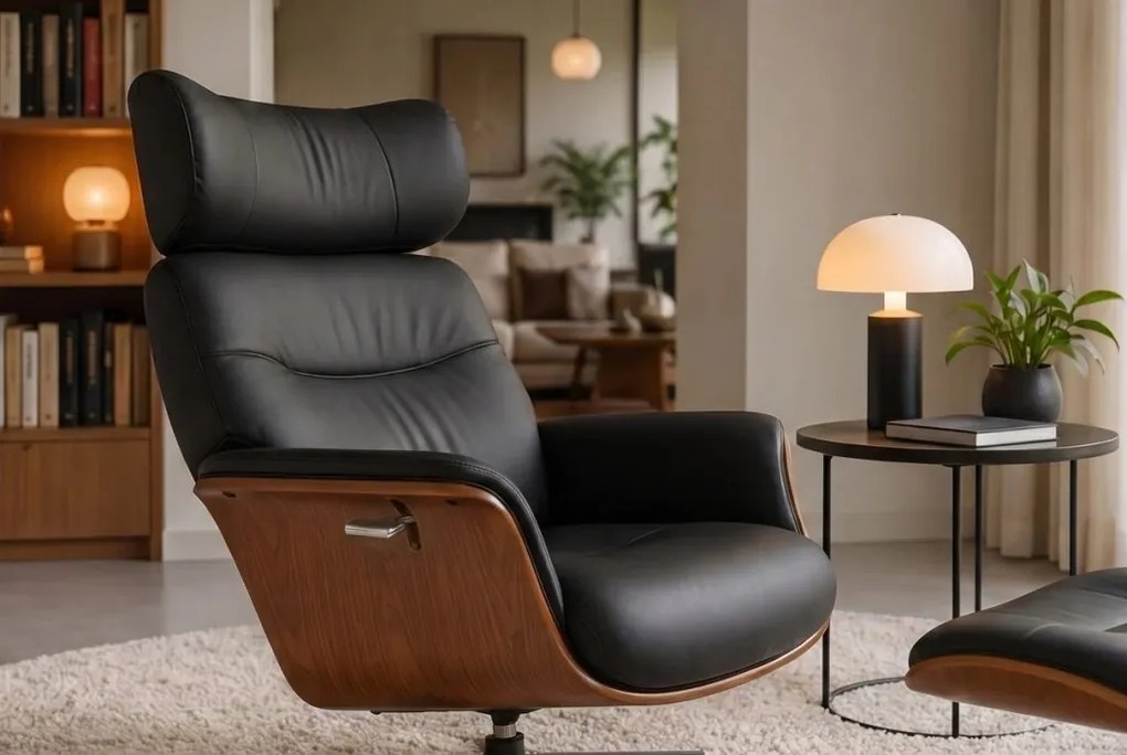 Fotoliu pivotant, functie relax, piele sintetica si furnir de nuc VOGUE