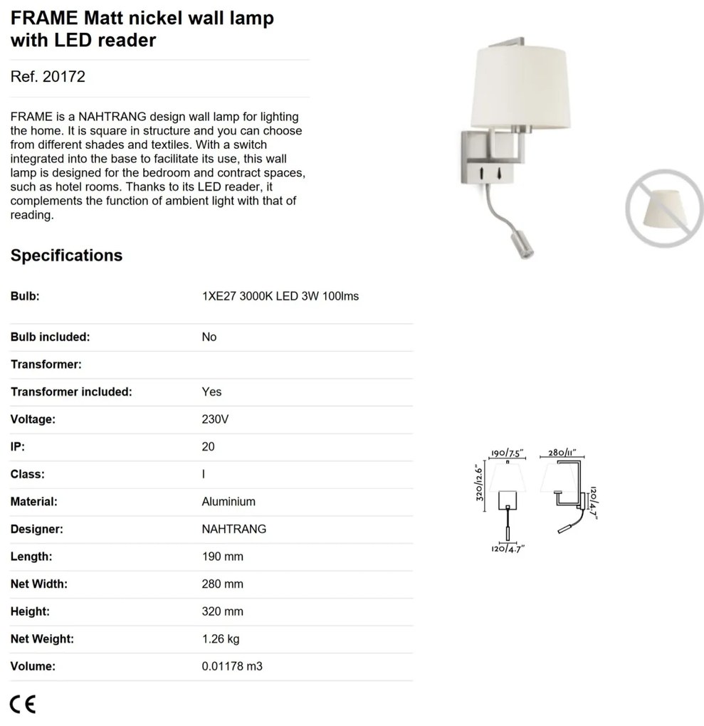 Aplica perete cu reader LED design clasic FRAME nickel/alb