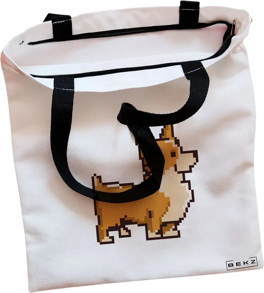 Sacosa de Panza pentru Cumparaturi, Geanta Tote, model 8bit Doggo, Cu fermoar, 38x34.5 cm, Alba, BEKZ®