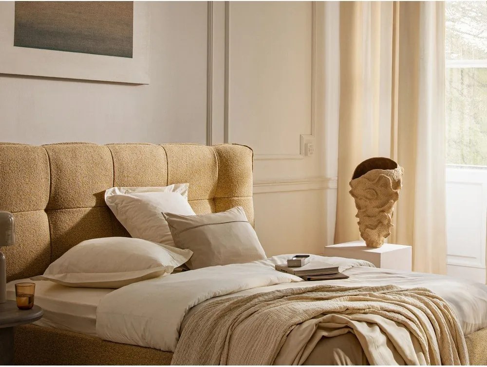 Pat matrimonial fildeș tapițat cu spațiu de depozitare cu somieră 180x200 cm Eric – Micadoni