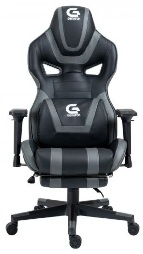 Scaun gaming, masaj in perna lombară, suport picioare, piele PU, Negru/Gri