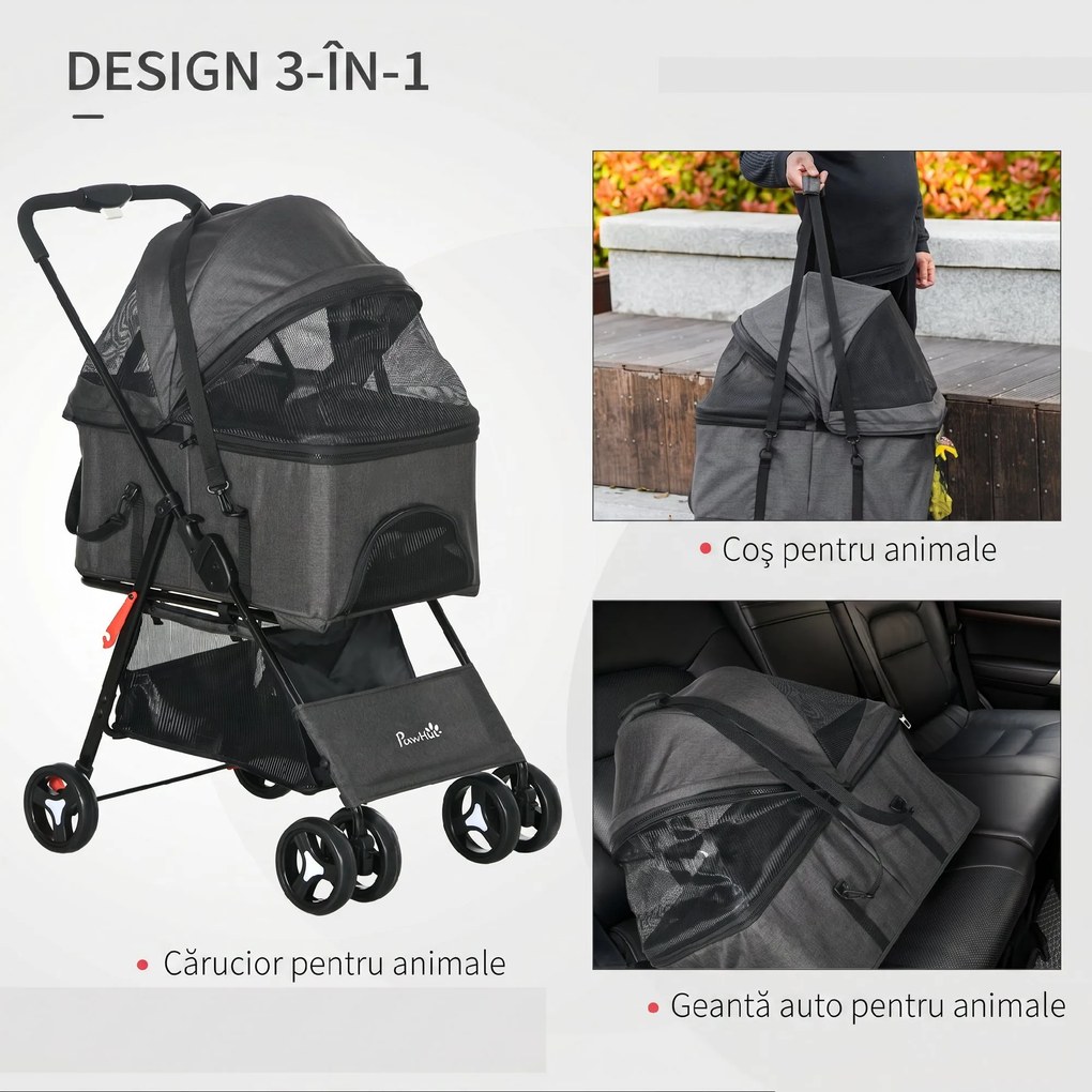 PawHut Cărucior 3 în 1 pentru Câini, Cărucior pentru Animale de Companie cu Lesă, Pernă, Coș și Baldachin, 76x51x100 cm, Gri | Aosom Romania