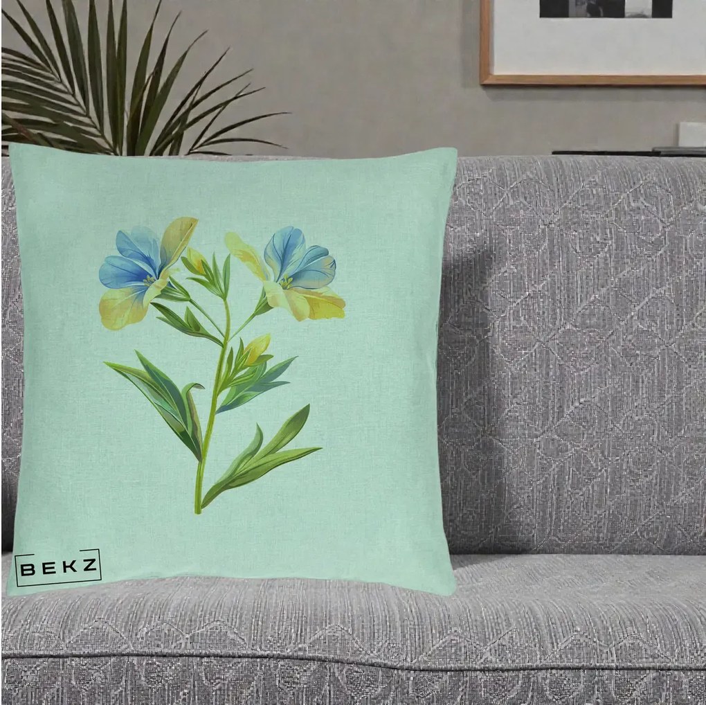 Perna Decorativa Botanica Frezie Galbena si Albastra, 40x40 cm, Verde Menta, Husa Detasabila, Perna Inclusa, BEKZ®