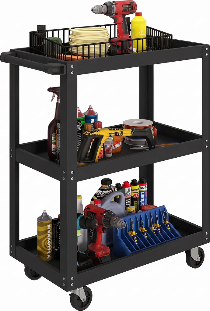 HOMCOM Cărucior pentru Scule cu 3 Rafturi cu Margini Înalte, 70,5x35x82,5 cm, Negru | Aosom Romania