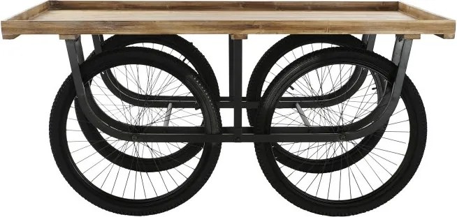 Masă consolă industrială din lemn și metal, natur și negru, cu blat cu bordură și patru roți de bicicletă, 75 x 160 x 80 cm, „Market”