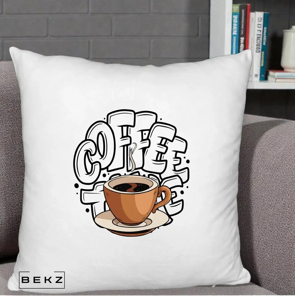 Perna Personalizata COFFEE cu Cana, 40x40 cm, Alb Pufos, Husa Detasabila, Perna Inclusa, BEKZ®