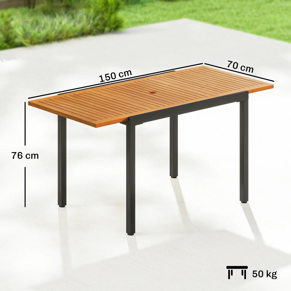 Outsunny Masă de Grădină Extensibilă 100/150x70 cm din Lemn și Metal cu Orificiu pentru Umbrelă pentru 4-6 Persoane Teak | Aosom Romania