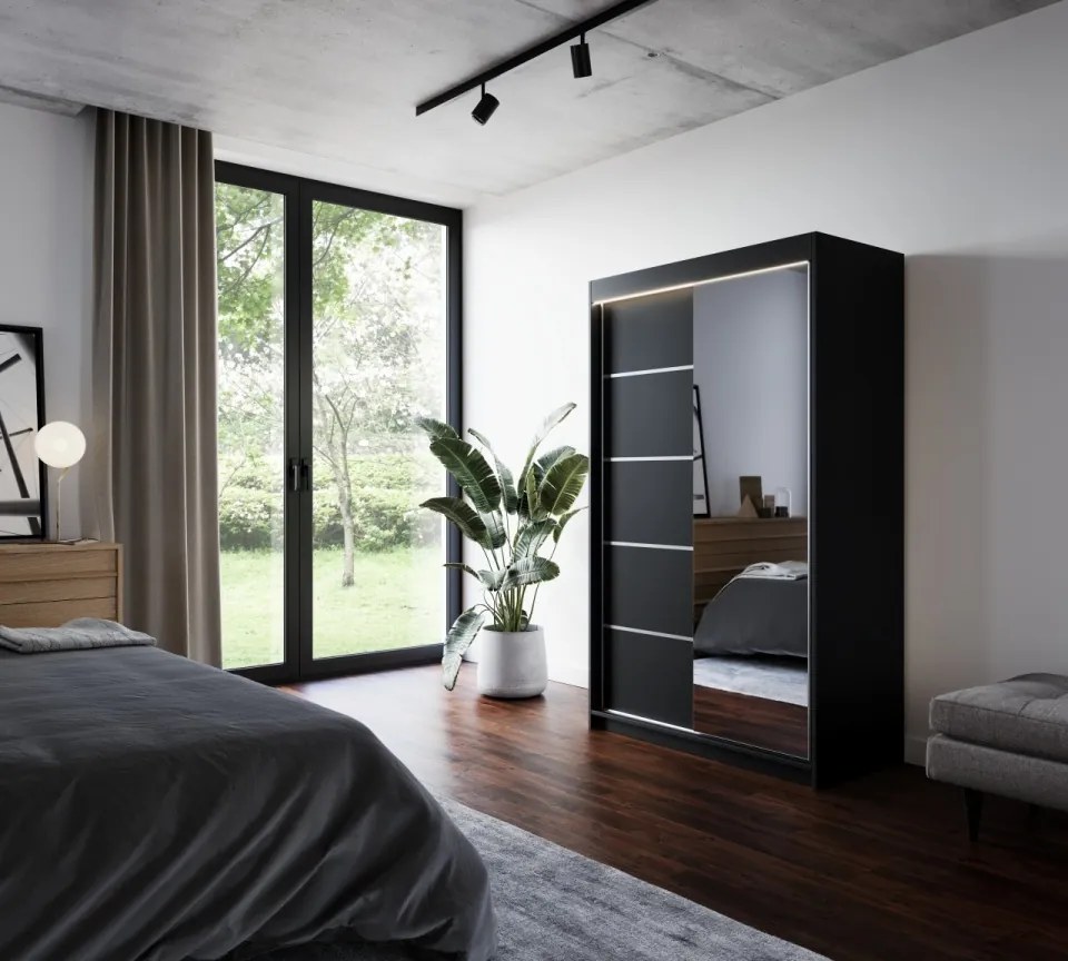 Dulap cu usi glisante si oglinda + iluminare LED, Nicea 120 + LED, 120 cmx200 cmx58 cm, ADRK Furniture (Culoare: Negru / Alb)