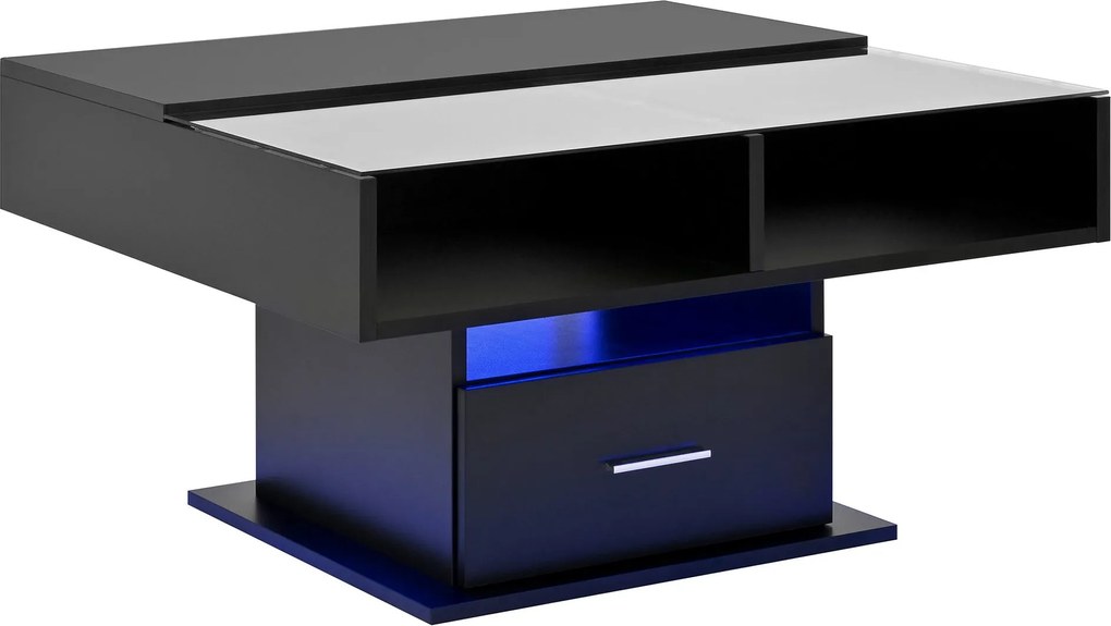 Masă de cafea multifuncțională, cu finisaj lucios și lift, cu iluminare LED, reglabilă pe înălțime și cu spațiu de depozitare flexibil, 78x78x45,5 cm, Negru