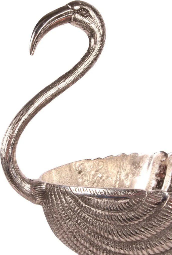 Bol decorativ din aluminiu reciclat, argintiu, fructieră înaltă în formă de flamingo, pe picior, finisaj lucios, 76 x 38 x 28 cm, „Flamant”