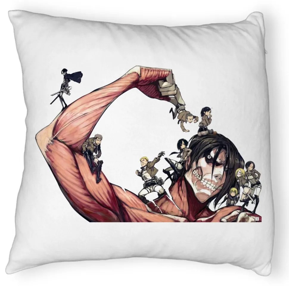 Perna Decorativa Fluffy cu Attack on Titan Giant, 40x40 cm, Alba, Husa Detasabila, Burduf