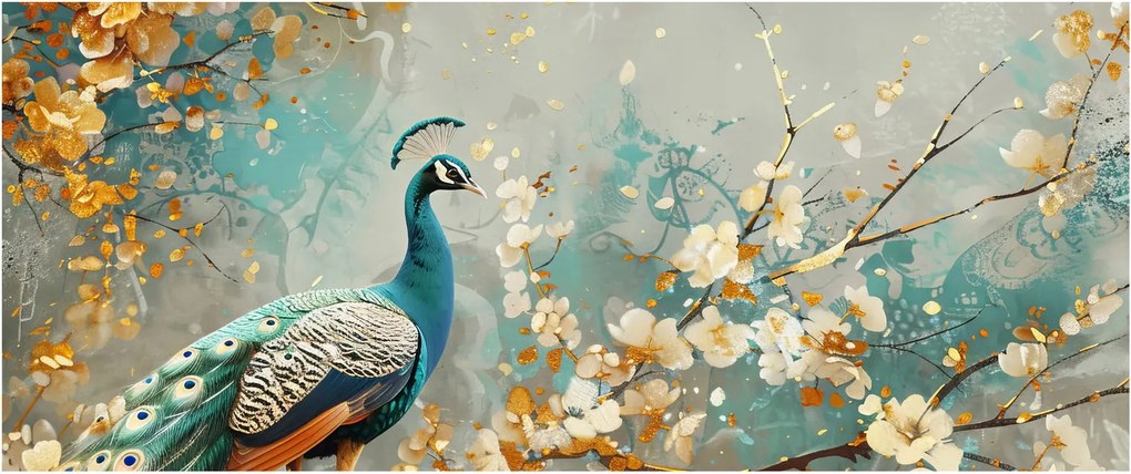 Tablou - Păun cu decor de aur (120x50 cm)
