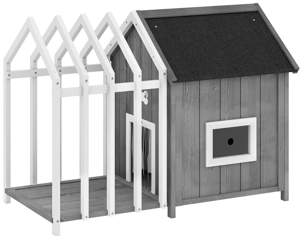 PawHut Niche pentru câine de exterior din lemn casă pentru câine de exterior cu terasă, ușă cu plăci, 106 x 62,5 x 80,5 cm, gri | Aosom Romania