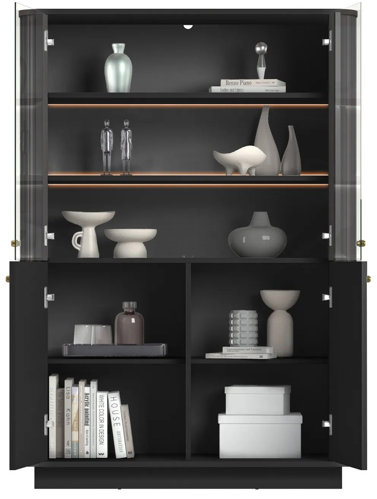 Vitrină cu patru uși pe soclu Vesper 103 cm - negru / mânere aurii