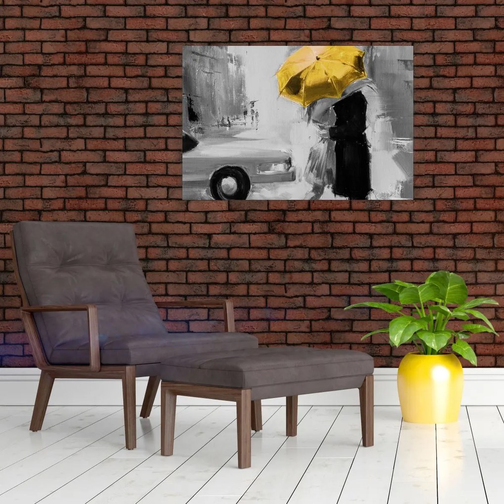 Tablou - Cuplu în dragoste sub o umbrelă, galben (90x60 cm)