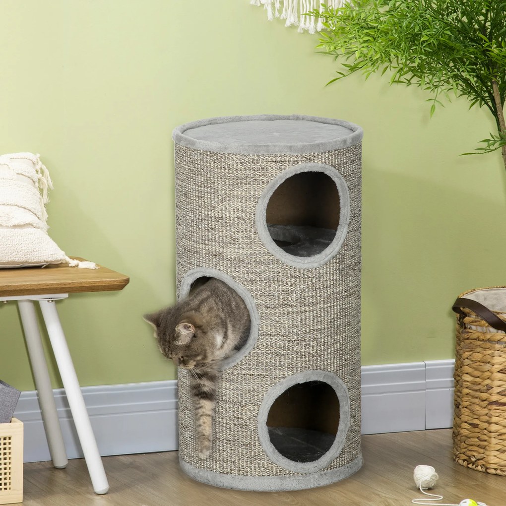 PawHut Turn Sisal pentru Pisici, Ansamblu cu Platforme Înveliș Moale, Φ38x70 cm, Gri | Aosom Romania