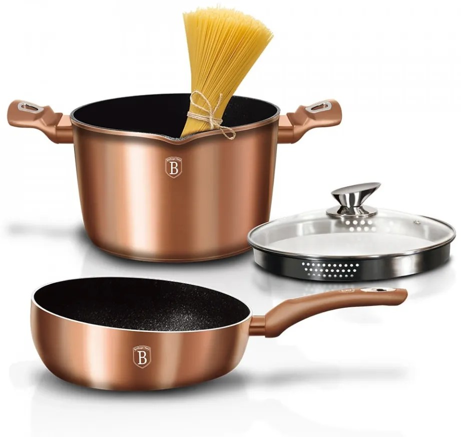 Set oala cu capac pentru paste si orez si tigaie de sotat marmorate (3 piese) din aluminiu forjat Rose Gold (Cupru) Metalic Line Berlinger Haus BH 1842N