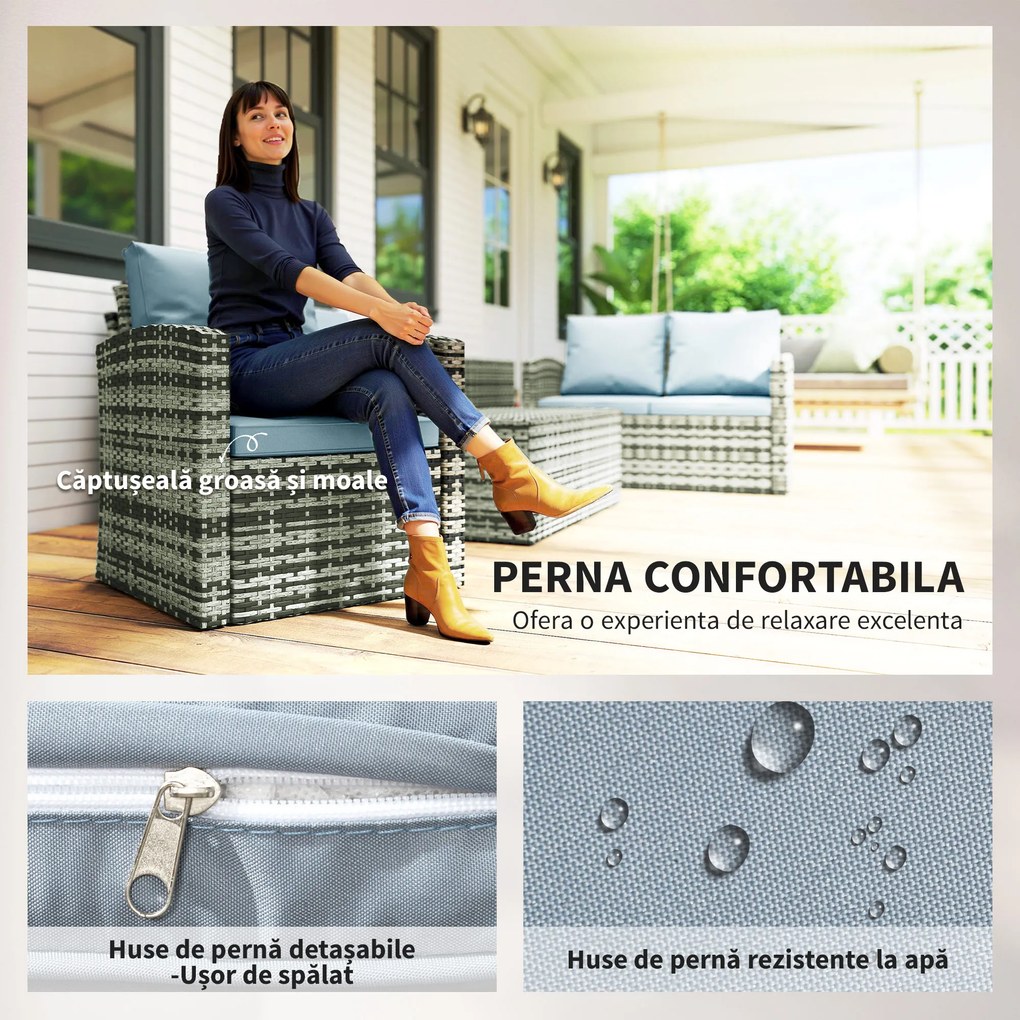 Outsunny Set de mobilier de gradina din ratan de 6 piese, canapea si 2 fotolii tapitate pentru 7 persoane, bej | Aosom Romania