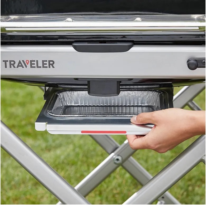 Gratar portabil pe gaz Weber Traveler WB 9010075, 3.5 kW, 63.5x34.3 cm, Grill emailat, Arzator otel inoxidabil, 2 roti, Negru/Argintiu