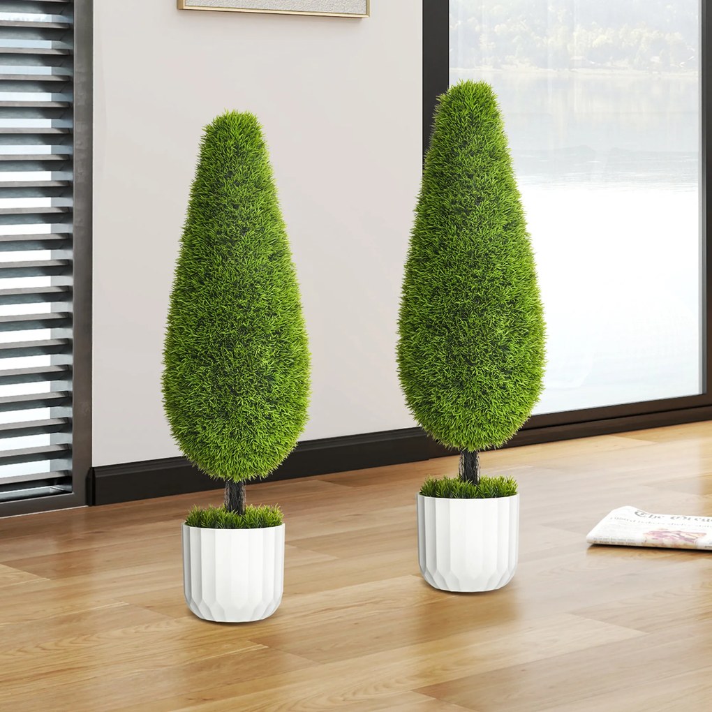 Set 2 Plante Artificiale cu Ghiveci de Ø12x16 cm, Muschi si Ciment, Plante Artificiale de 90cm din PE si Plastic, Verde-Alb HOMCOM | Aosom Romania