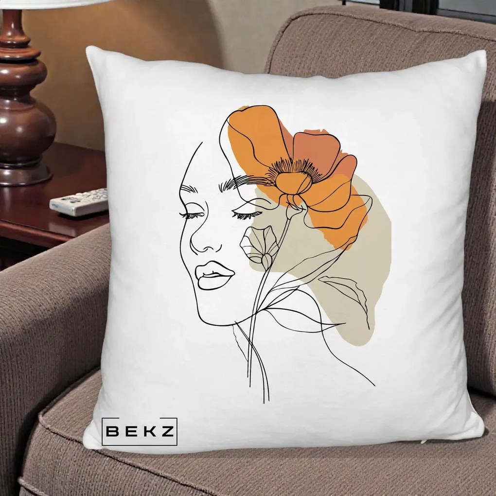 Perna Decorativa Portret Feminin Mac Mare Portocaliu, 40x40 cm, Alb Pufos, Husa Detasabila, Perna Inclusa, BEKZ®