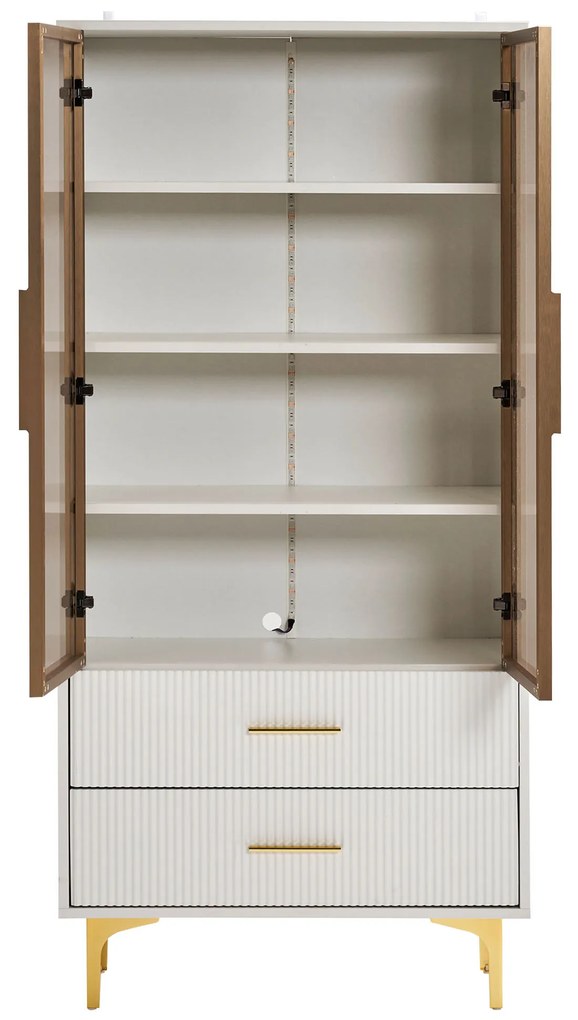 Set de Vitrine Moderne cu Iluminare LED și Rafturi Reglabile, potrivite pentru living, birou, din Sticlă, 80x40x160 cm + 70x35x150 cm, Alb