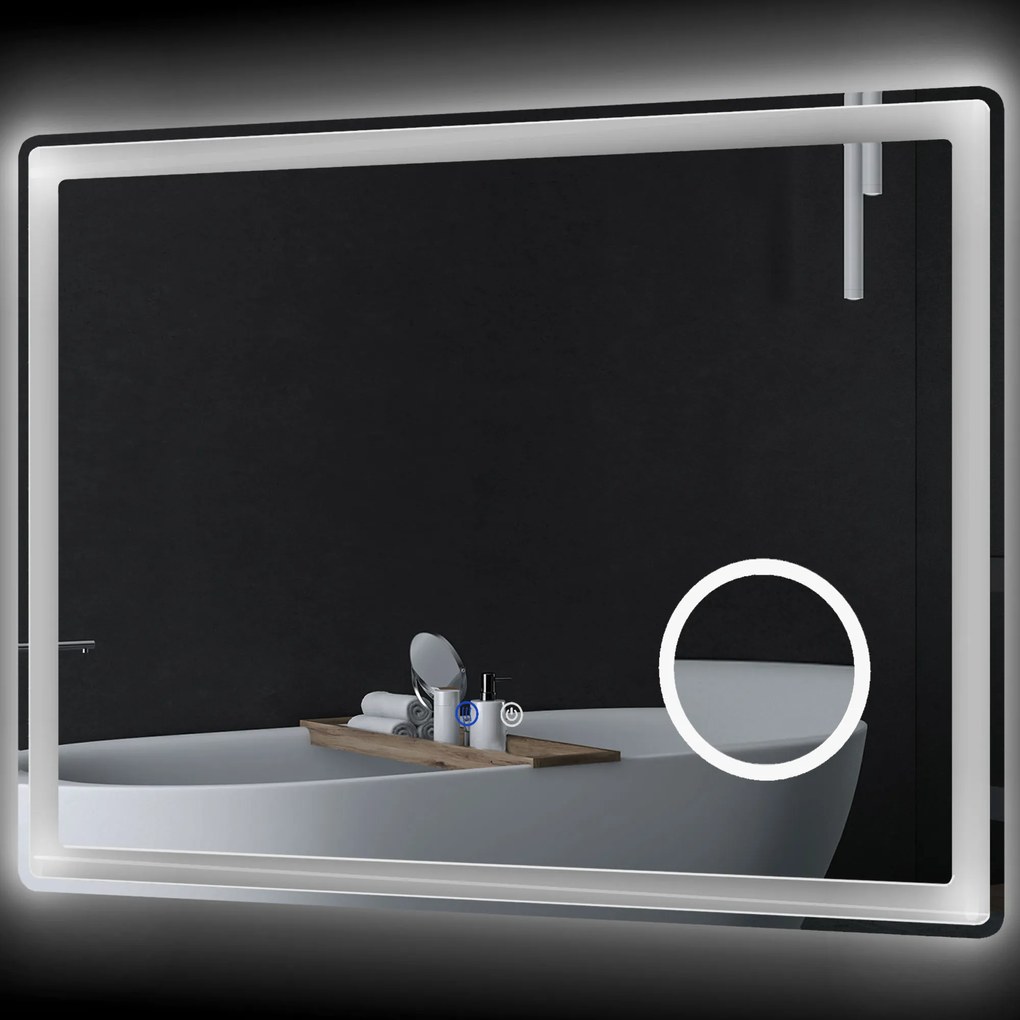 kleankin Oglindă de baie rectangulară cu LED, funcție antiabur, luminozitate reglabilă, oglindă cu zoom x3 80 x 60 cm transparent | Aosom Romania