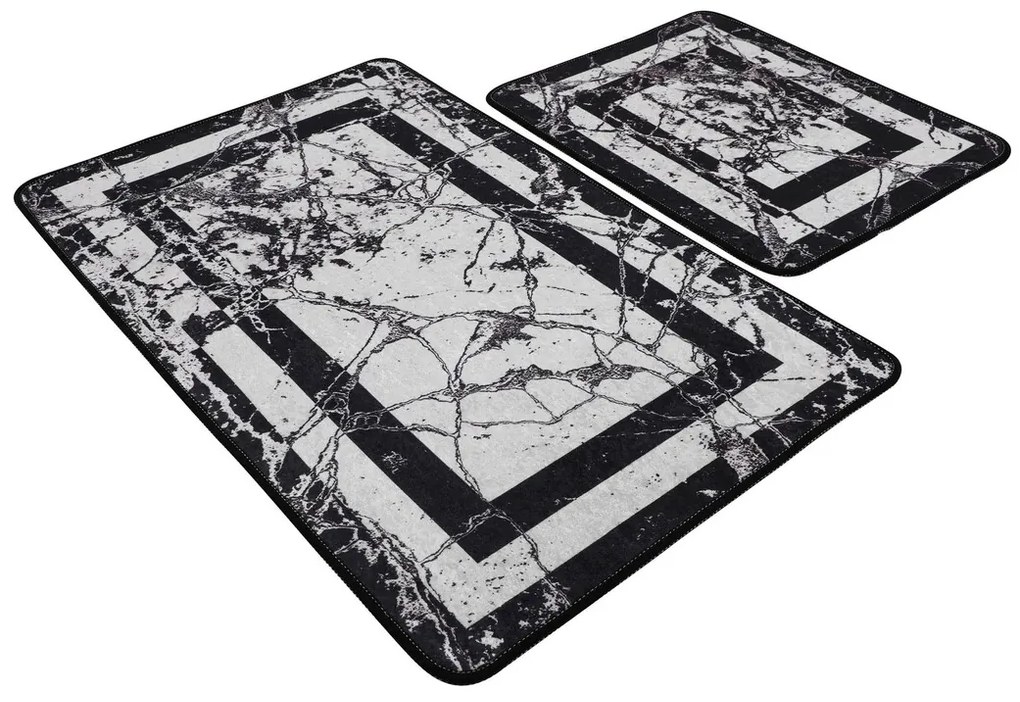 Set covorase de baie 2 piese, Chilai, Marmor, Catifea, Alb/Negru