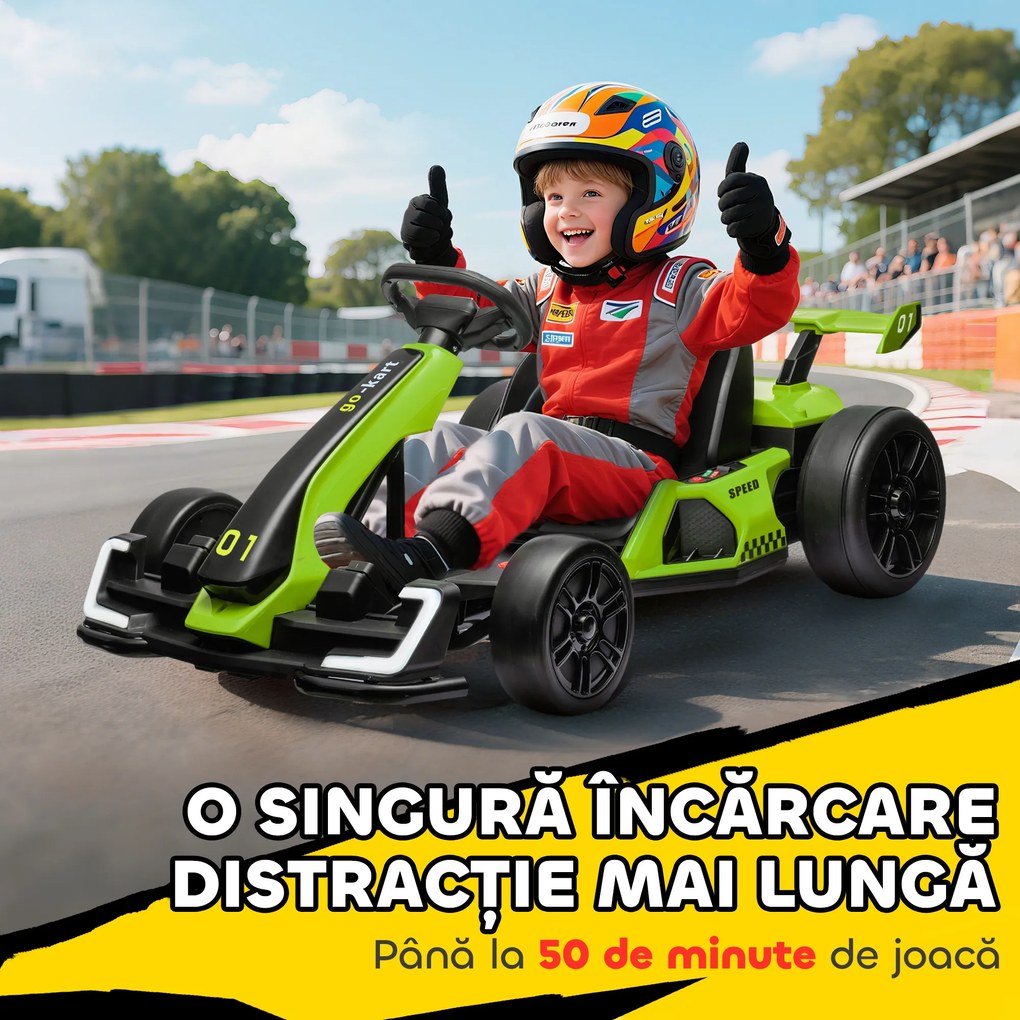 HOMCOM Go Kart Electric pentru Copii cu Scaun Reglabil, 2 Motoare, Claxon, Lumini și Muzică, 120x76x53,5 cm, Verde | Aosom Romania