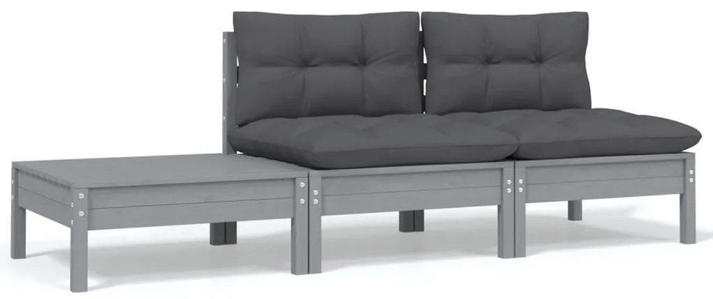 vidaXL Set mobilier de grădină cu perne, 3 piese, gri, lemn masiv pin