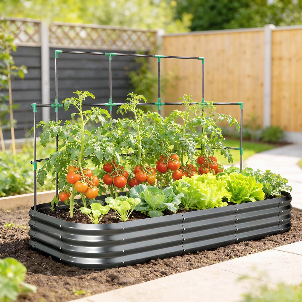 Outsunny Jardiniere Ridicate din Metal cu Grilaj, Pat de Grădină Înălțat cu Fund Deschis, Mănuși și Grilaj pentru Plante Cățărătoare, Legume și Flori, 220x110x150 cm, Gri Închis | Aosom Romania